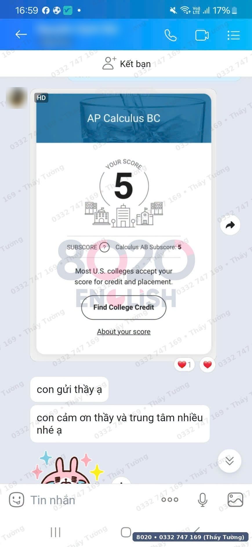 Chat: AP Calculus BC score 5 with Calculus AB subscore 5, sent by the student to the tutor