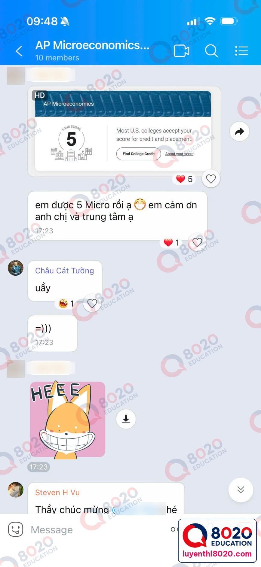 Class chat: AP Microeconomics score 5, with the student's thank-you message